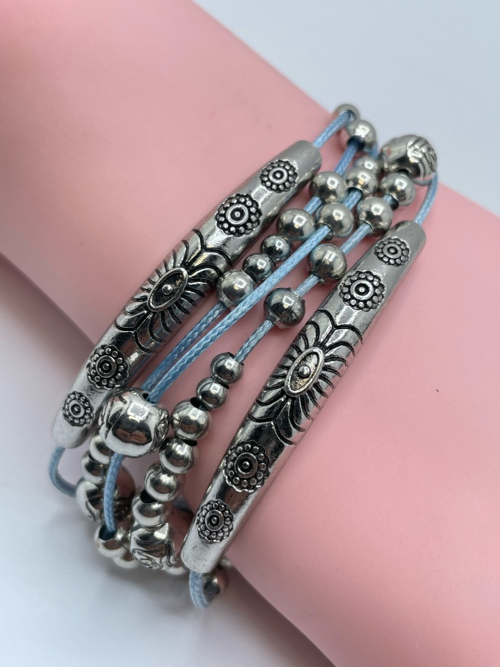 Boho Layered Blue Cord Silver Tone Beaded Bracelet Adjustable Multi Strand